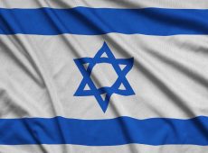 Israel flag is depicted on a sports cloth fabric with many folds. Sport team waving banner